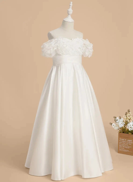 Elegant A?Line Off?The?Shoulder Puff Sleeve Zipper?Back Floor?Length First Communion Dress