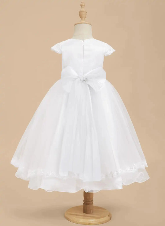Elegant A?Line Round Neck Cap Sleeve Bow Back Midi First Communion Dress