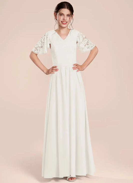 Elegant A?Line V?Neck Flutter Sleeve V?Back Floor?Length Junior Bridesmaid Dress