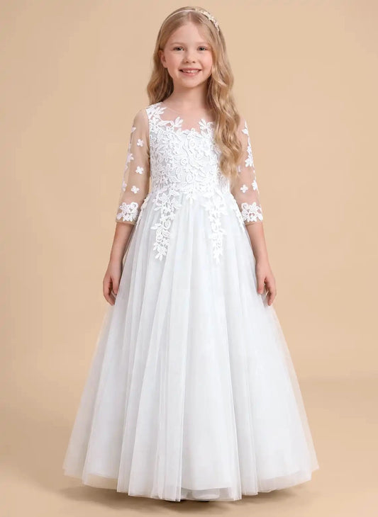 Elegant A?Line Illusion Neck 3/4 Sleeve Button Back Floor?Length Flower Girl Dress