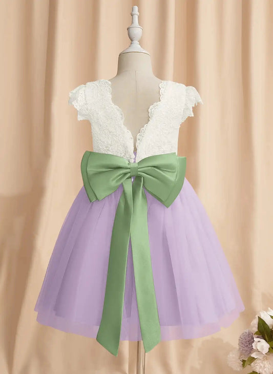 Charming A Line Round Neck Cap Sleeve Bow Back Knee Length Flower Girl Dress