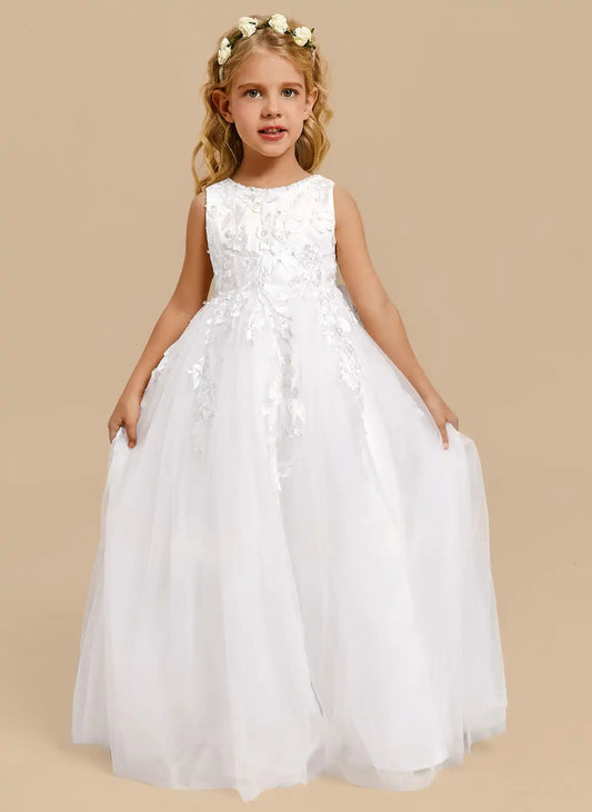Mhite Elegant A Line Round Neck Sleeveless V Back Floor Length First Communion Dress