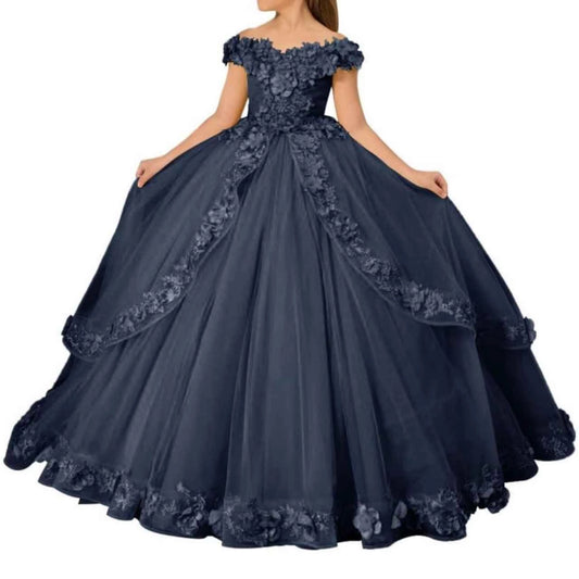 Luxury Ball?Gown Off?Shoulder Short?Sleeve Bow?Back Train?Length Flower?Girl Dress