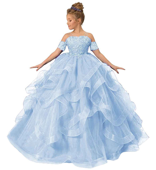 Sparkly Ball?Gown Off?Shoulder Short?Sleeve Sheer?Back Floor?Length Pageant Dress