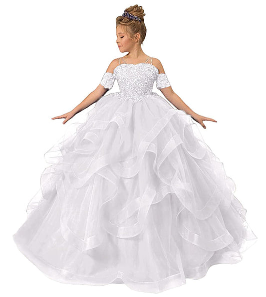 > Luxury Ballgown Off Shoulder Short Sleeve Open Back Floor Length Pageant Flower Girl Dress