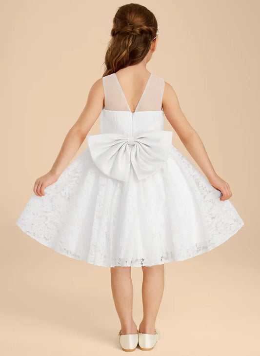 White A-Line Illusion Neck Sleeveless V-Back Knee Length First Communion Dress