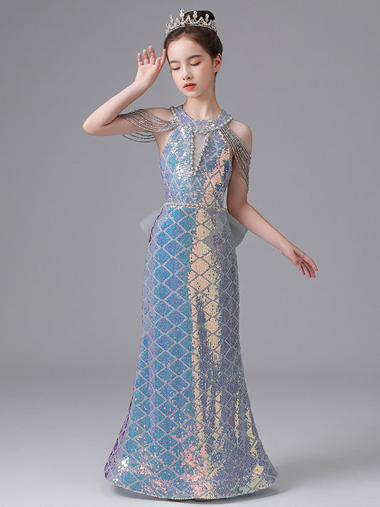 Iridescent Mermaid Halter Sleeveless Bow Back Floor Length Girls Pageant Dress