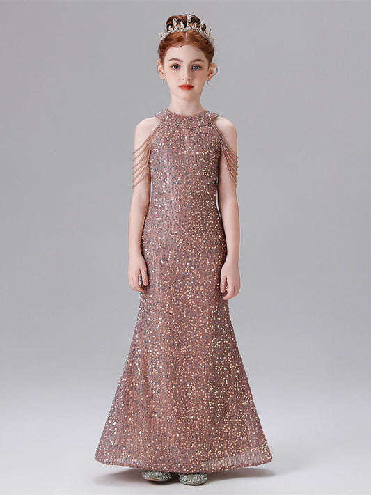 Glamorous Mermaid Halter Sleeveless Beaded Back Floor Length Pageant Dress