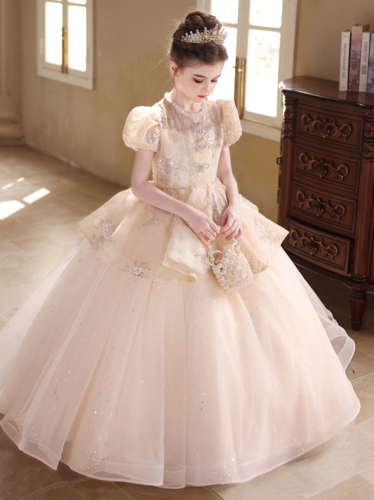 Elegant Ball Gown Round Neck Puff Sleeve Zip Back Floor Length Girls Dress
