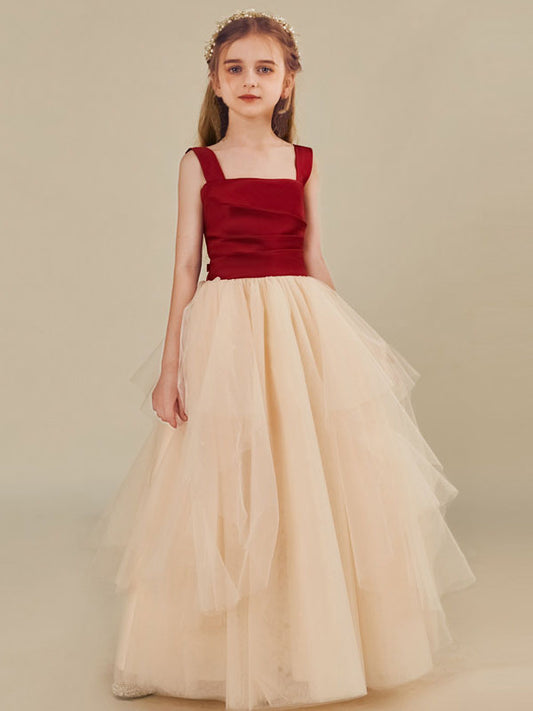 Elegant A Line Square Neck Sleeveless Lace Up Floor Length Flower Girl Dress