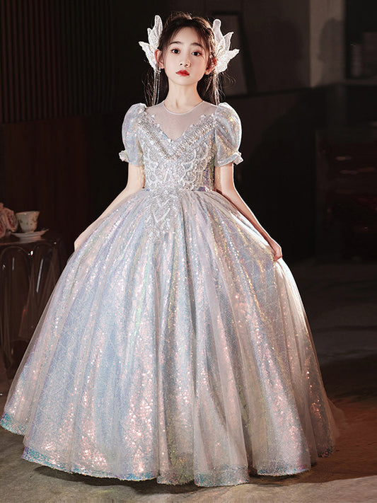 Sparkling Ball Gown Round Neck Puff Sleeve Back Floor Length Pageant Dress