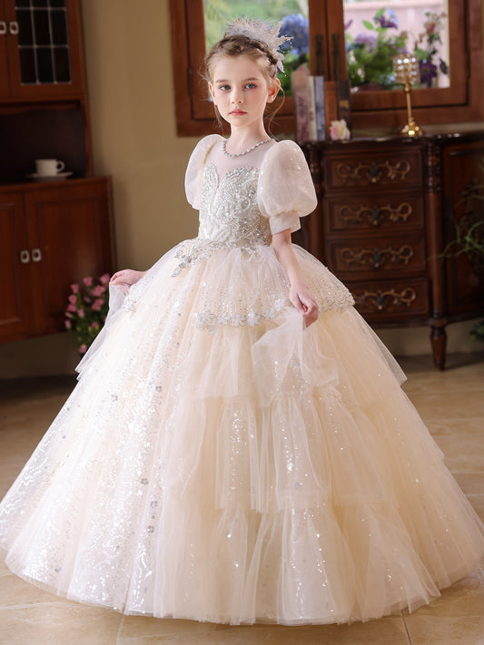 Sparkling Ball Gown Jewel Neck Puff Sleeve Floor Length Flower Girl Dress