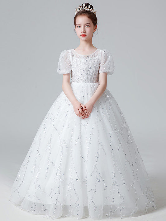 Sparkling Ball Gown Round Neck Puff Sleeve Zip Back Communion Dress