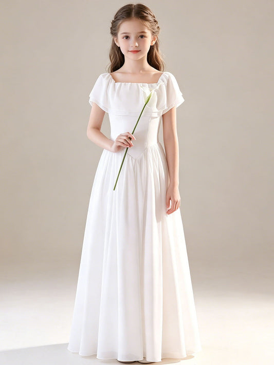 Elegant A Line Square Neck Flutter Sleeve Classic Back Maxi Flower Girl Dress