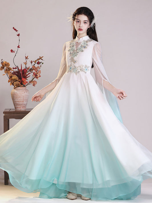 Elegant A Line Mandarin Neck Cape Sleeve Bow Back Floor Length Pageant Dress