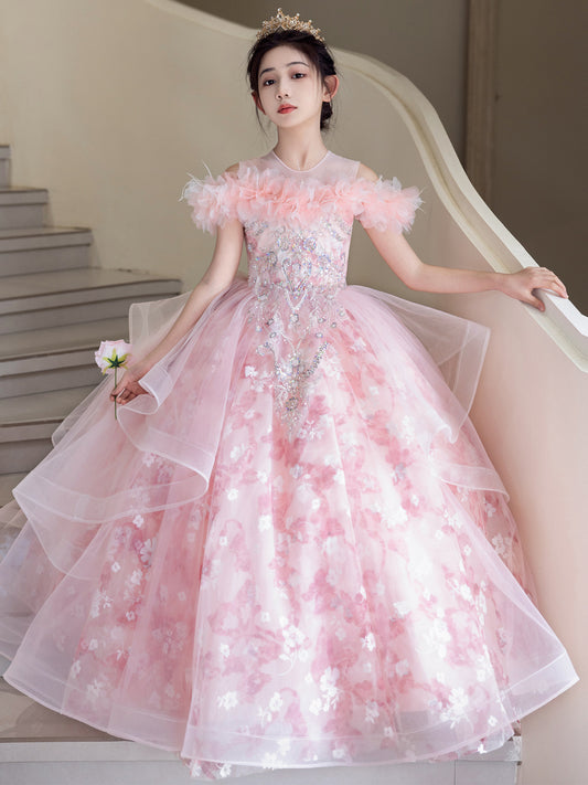 Dreamy Ball Gown Round Neck Floral Sleeves Zipper Back Floor Length Pageant Dress