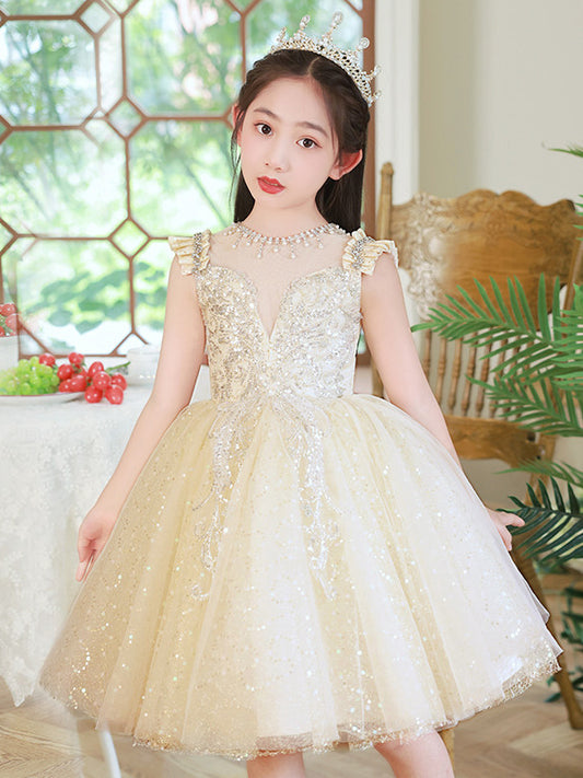 Sparkling A Line Illusion Neck Ruffle Sleeve Zip Back Tea Length Pageant Dress
