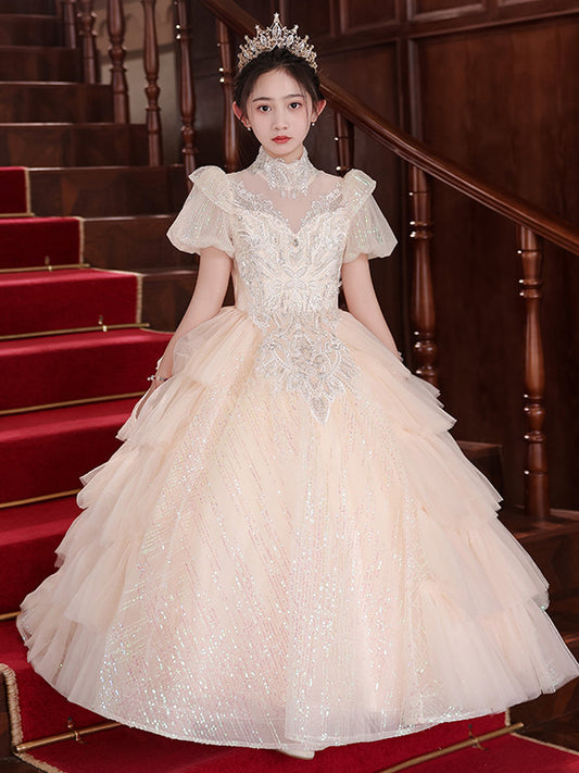 Regal Ball Gown High Neck Puff Sleeve Closed Back Floor Length Pageant Dress