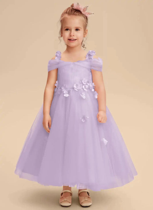 Soft A-line Off Shoulder Short Sleeve Bow Back Ankle-Length Flower Girl Dress