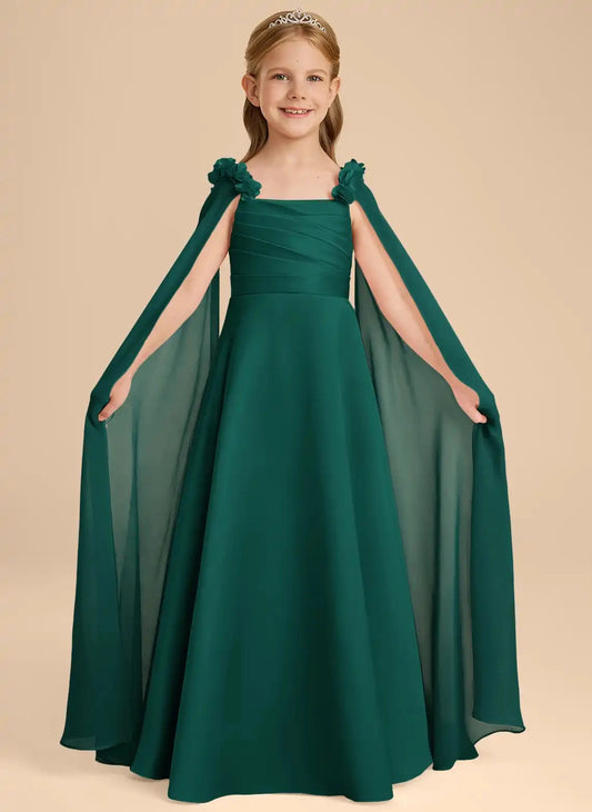 Elegant A?Line Square Neck Cape Sleeve V?Back Floor?Length Junior Bridesmaid Dress