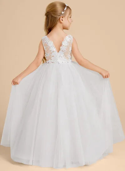 Mhite Elegant A Line Round Neck Sleeveless V Back Floor Length First Communion Dress