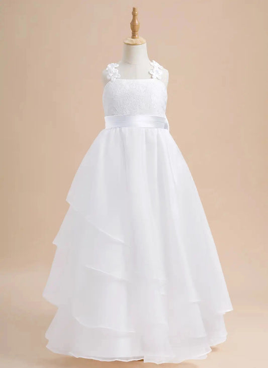 Elegant A?Line Square Neck Sleeveless Zipper Back Floor?Length First Communion Dress
