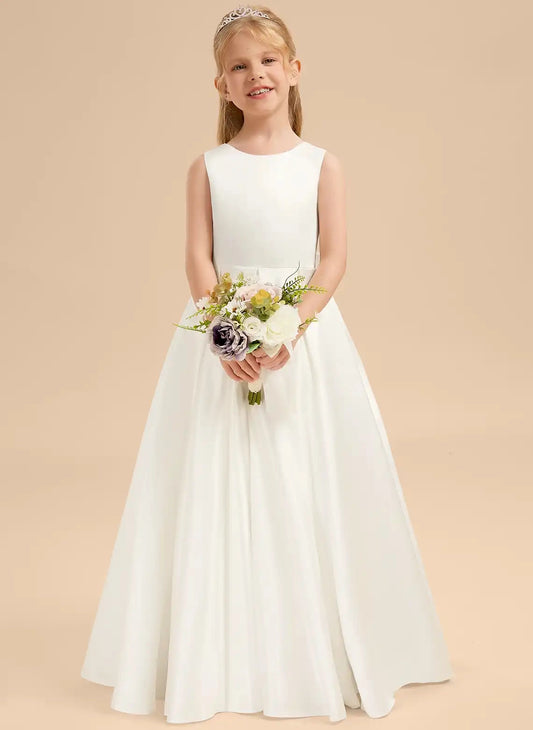 Luxury A-line Boat Neck Sleeveless V-Back Long Flower Girl Dress