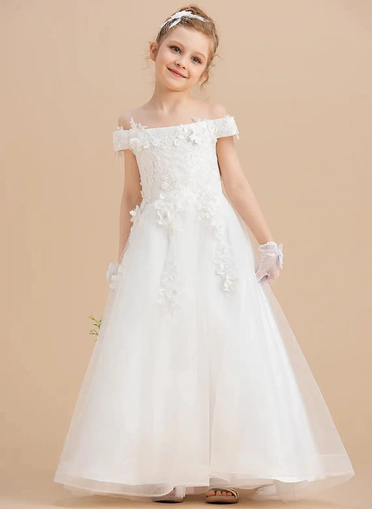 Elegant A Line Off Shoulder Short Sleeve Back Zip Floor Length Flower Girl Dress