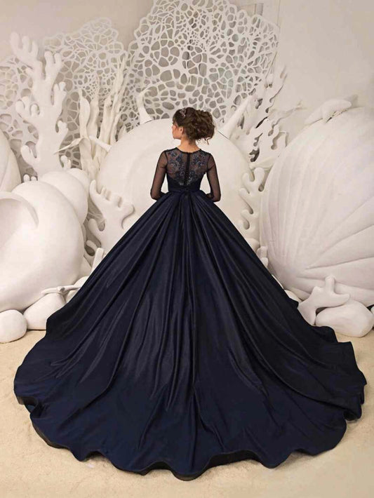 Navy Ball Gown Round Neck Long Sleeve Lace?Corset Back Train Pageant Dress