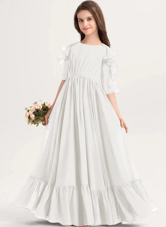 Elegant A?Line Round Neck Ruffle Sleeve Zipper Back Maxi Junior Bridesmaid Dress