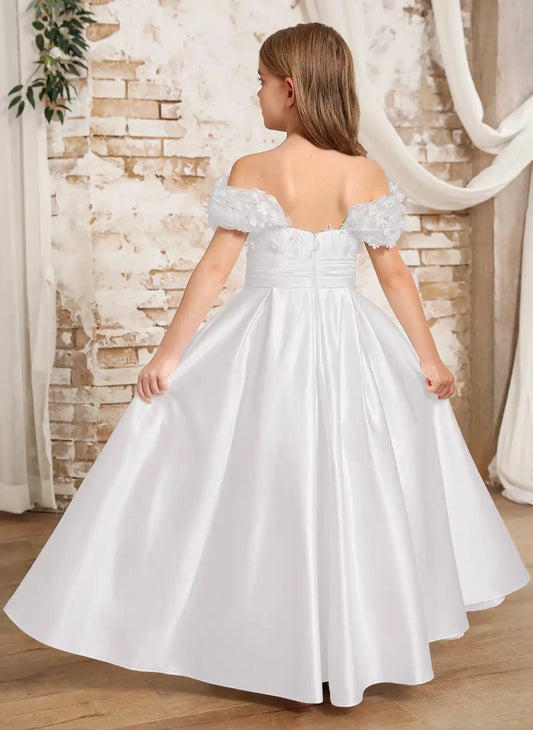 Elegant A?Line Off?The?Shoulder Puff Sleeve Zipper?Back Floor?Length First Communion Dress