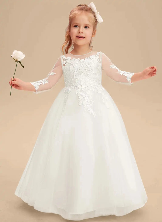Elegant A?Line Illusion Neck 3/4 Sleeve Lace Button?Back Floor?Length First Communion Dress