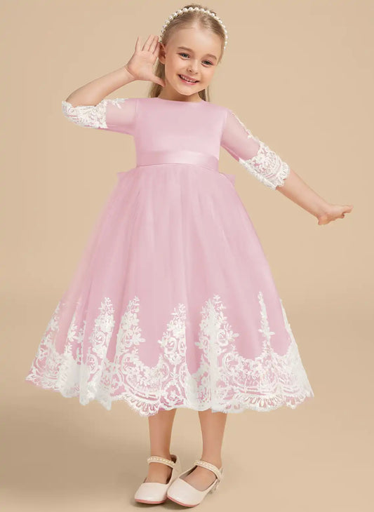 Elegant A Line Round Neck Elbow Sleeve Bow Back Midi Flower Girl Dress