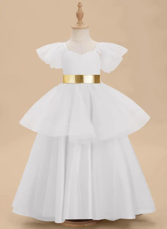 Elegant A Line Sweetheart Flutter Sleeve Bow Back Floor Length Flower Girl Dress