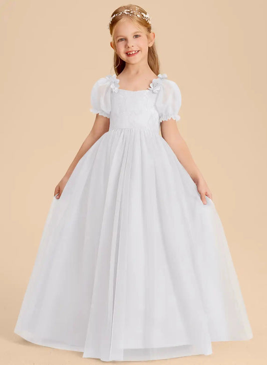 Soft A-Line Square Neck Puff Sleeve Zipper Back Floor-Length Flower Girl Dress