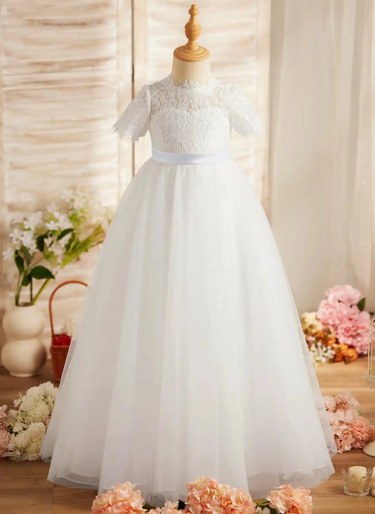 Elegant A?Line High Neck Short Sleeve Cutout Bow Back Floor Length First Communion Dress