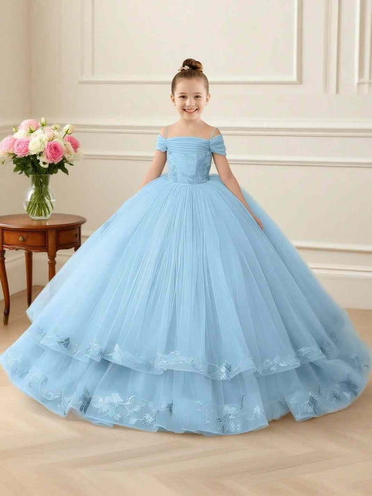 Soft Pink Ballgown Off Shoulder Short Sleeve Lace Up Back Floor Trailing Flower Girl Dress