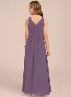 Flowy A Line Round Neck Sleeveless V Back Floor Length Junior Bridesmaid Dress