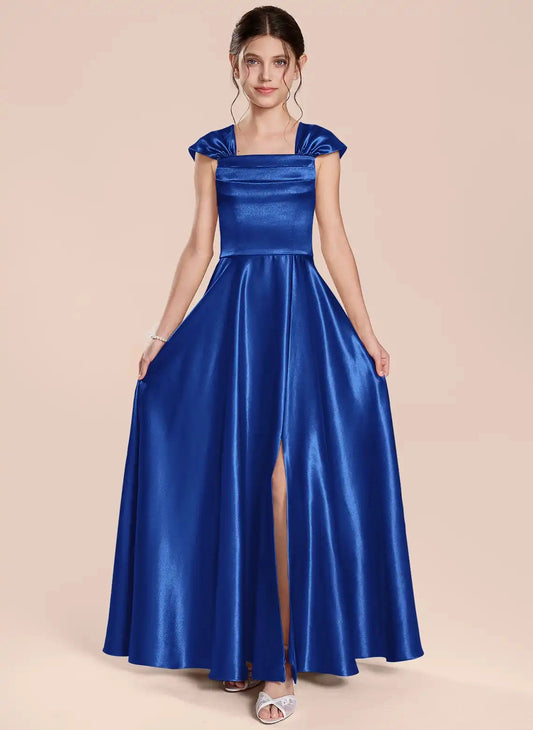 Elegant A?Line Square Neck Cap Sleeve Sweetheart Back Floor?Length Junior Bridesmaid Dress