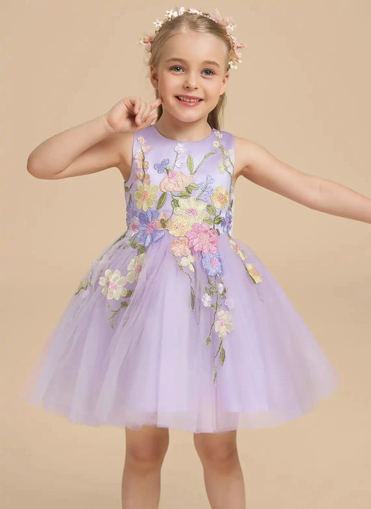 Floral Embroidered A Line Round Neck Sleeveless Keyhole Back Knee Length Flower Girl Dress