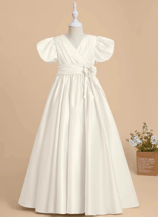 Elegant A?Line V?Neck Puff Sleeve Zipper?Back Floor?Length Flower Girl Dress