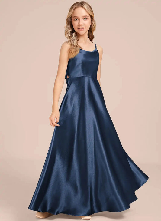 Luxury Satin A-Line Square Neck Spaghetti Strap Cutout Bow Back Floor Length Junior Bridesmaid Dress