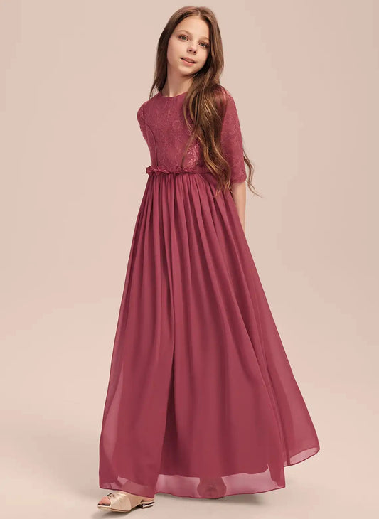 Elegant A?Line Round Neck Elbow?Length Zipper?Back Floor?Length Junior Bridesmaid Dress