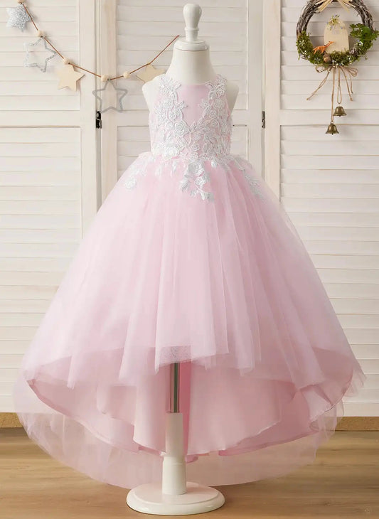 Romantic Ball Gown Illusion Neck Sleeveless Zipper Back High Low Flower Girl Dress