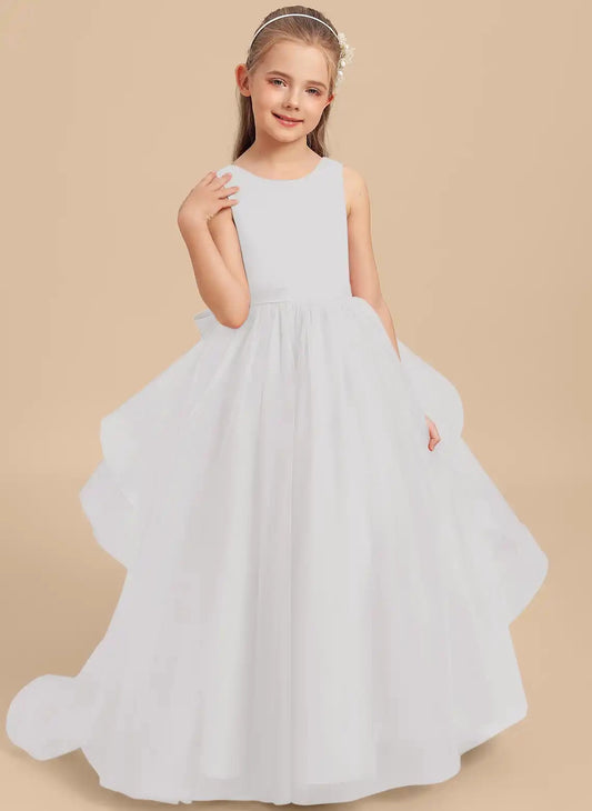 Dusty Pink A?Line Round Neck Sleeveless V?Back Train Length Junior Bridesmaid Dress