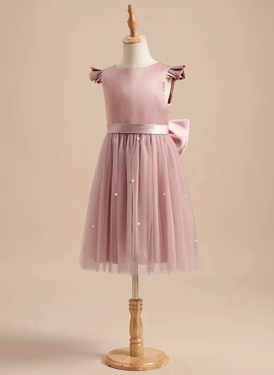 Dusty Pink A Line Round Neck Flutter Sleeve V Back Knee Length Flower Girl Dress