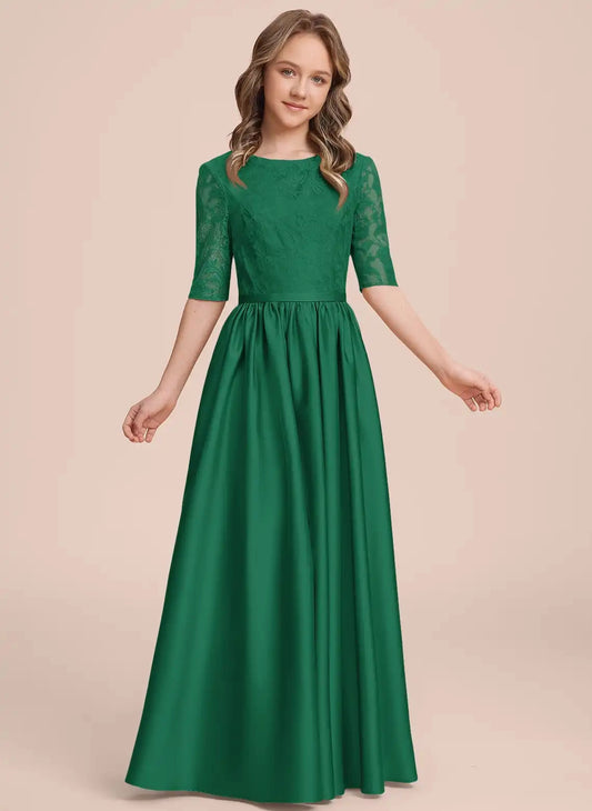 Elegant A?Line Round Neck Elbow Sleeve Zipper Back Floor?Length Junior Bridesmaid Dress  >