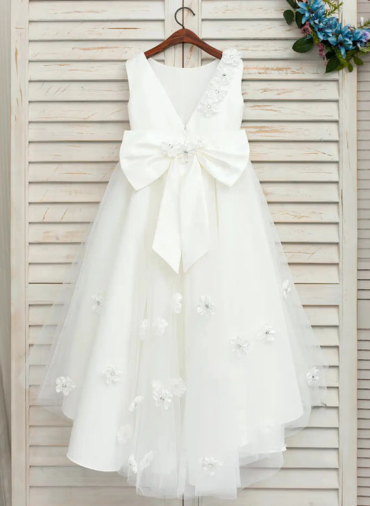 Elegant A Line Round Neck Sleeveless V Back High Low Flower Girl Dress