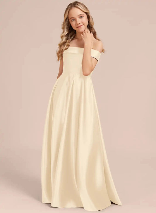 Elegant A-Line Off The Shoulder Short Sleeve Zipper Back Floor Length Junior Bridesmaid Dress