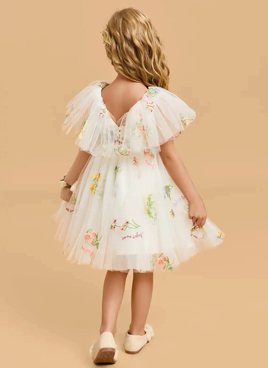 Whimsical A Line V Neck Flutter Sleeve V Back Knee Length Flower Girl Dress